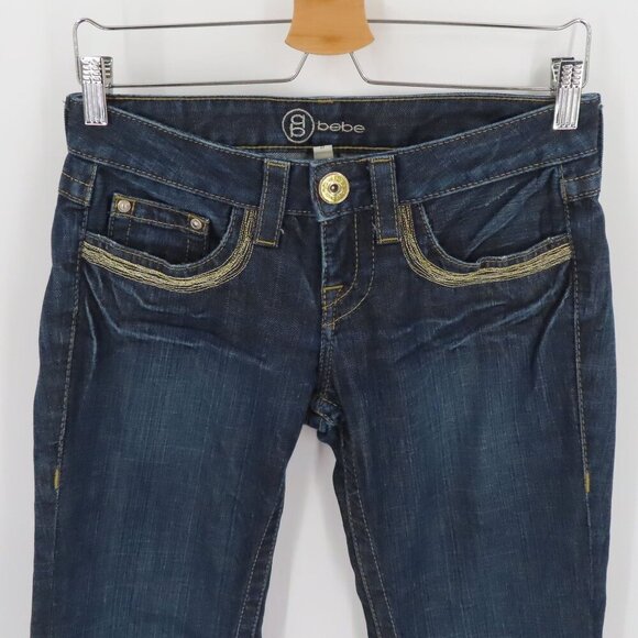Bebe Womens 27 Gold Silver Thread Embroidered Dark Blue Denim Jeans Flare Y2K - Picture 2 of 13